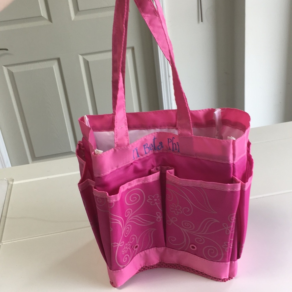 Pink Gardening Tote with Pi Beta Phi blue letters